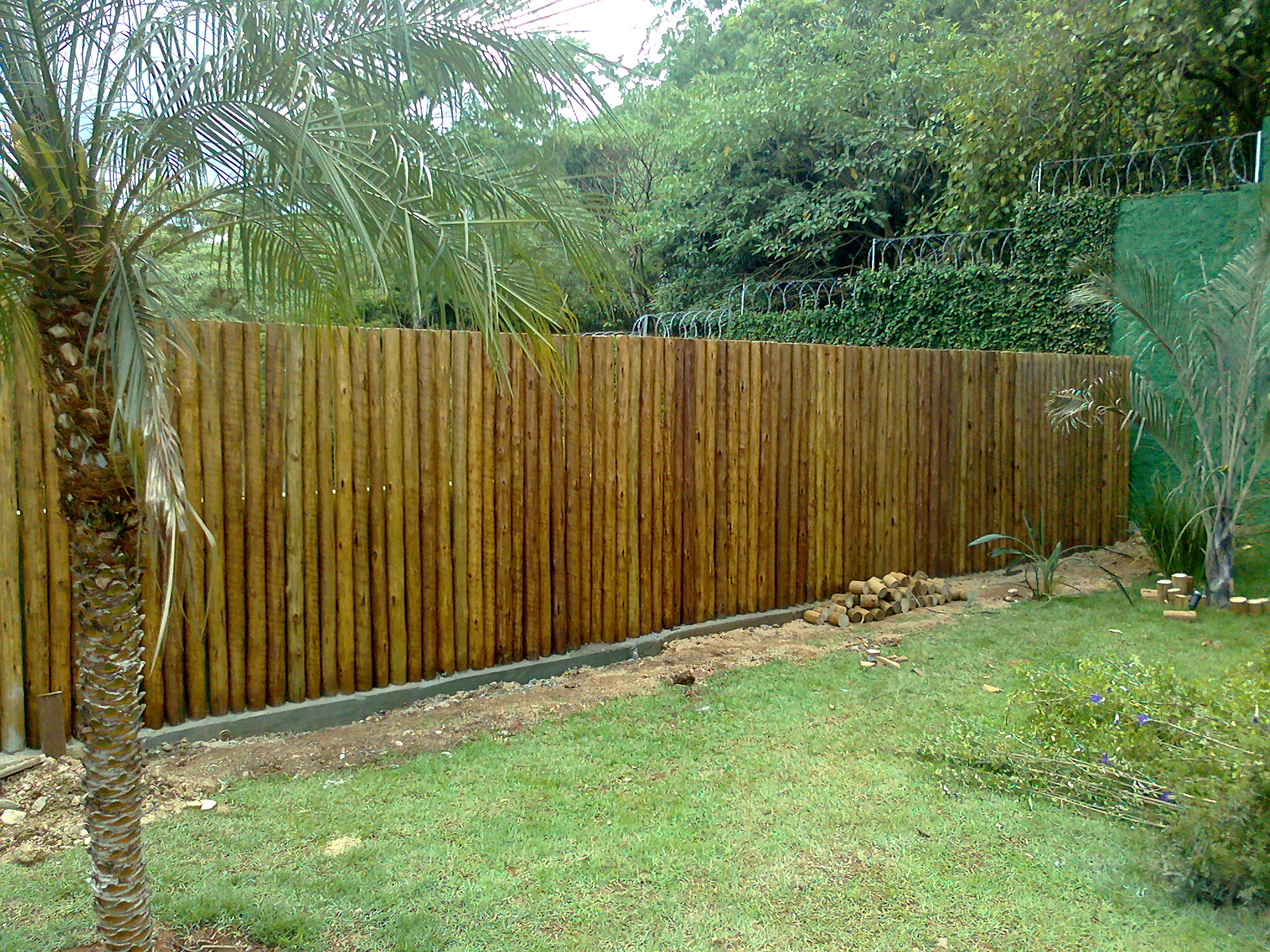 Muro de madeira vertical feito com toras de eucalipto tratado selecionadas