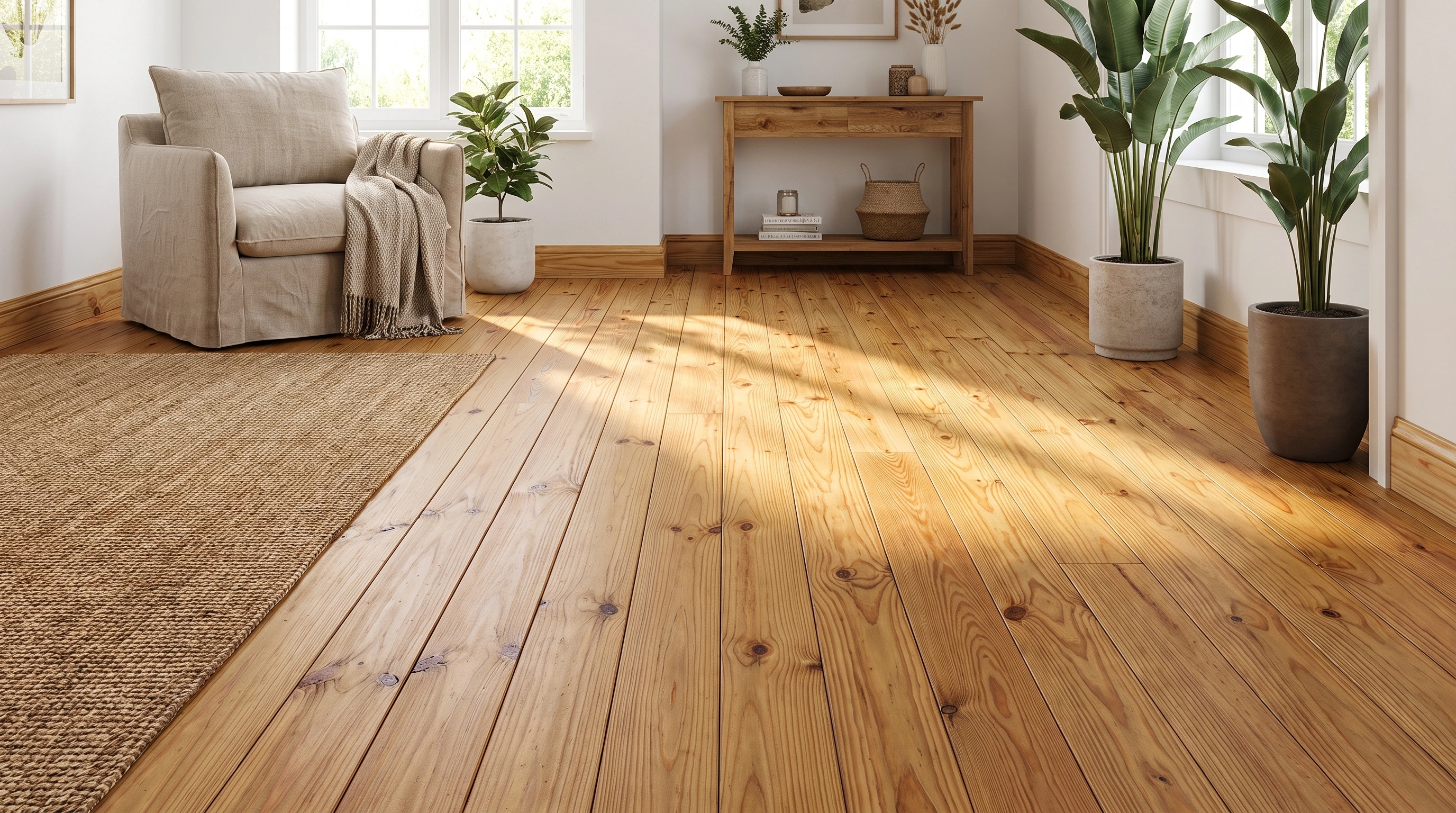 Assoalho aconchegante de sala feito em pinus tratado