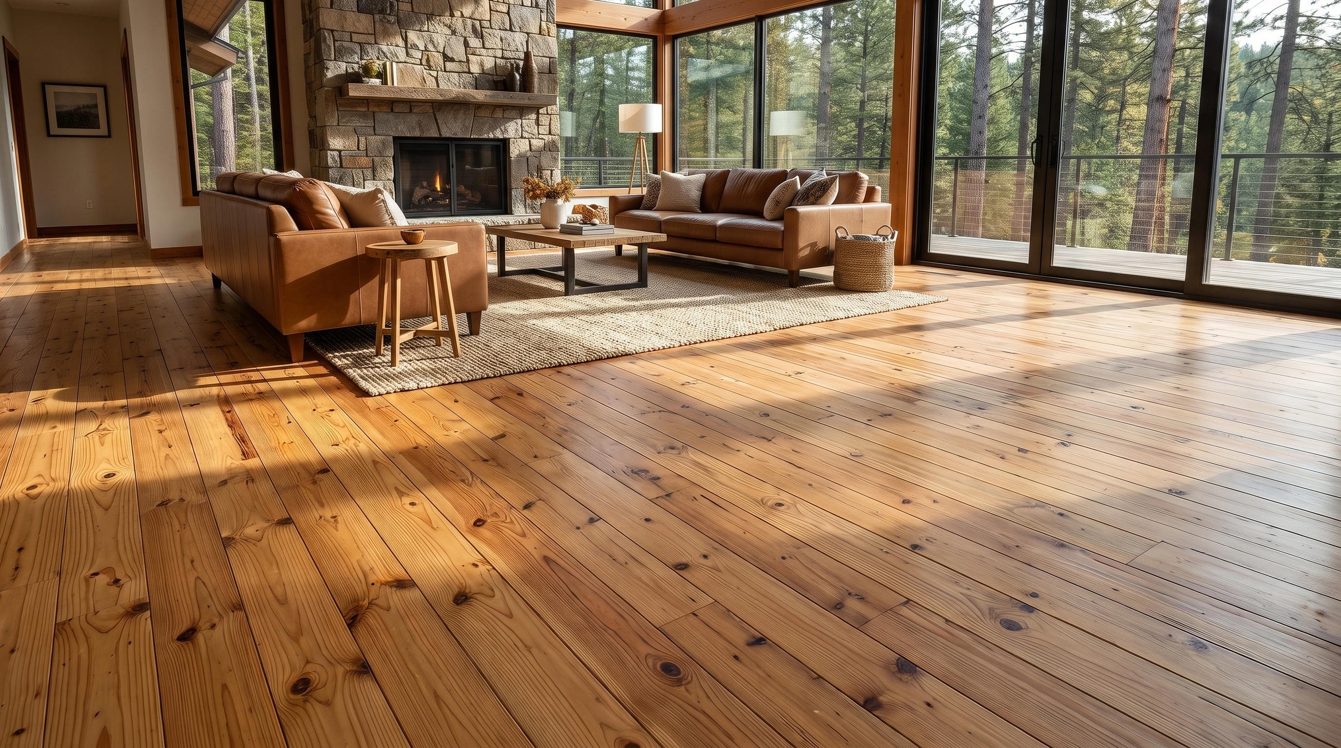Assoalho aconchegante de sala feito em pinus tratado, beleza e durabilidade