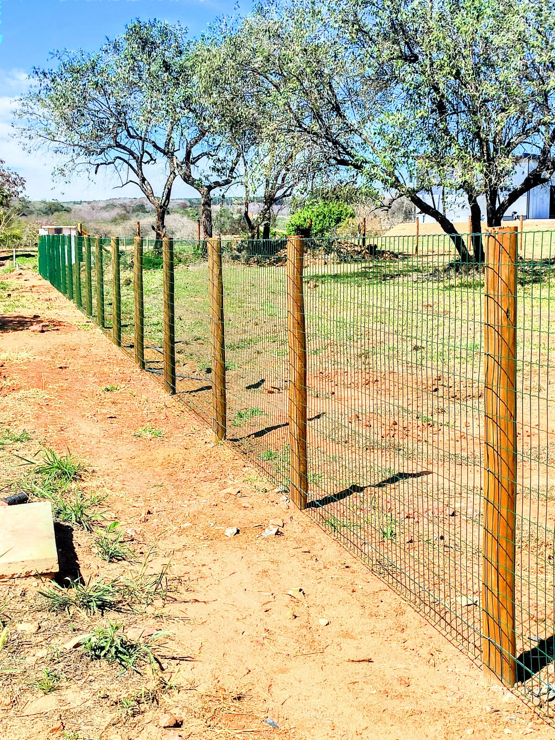 Cerca de alambrado com mourões de eucalipto tratado e tela soldada