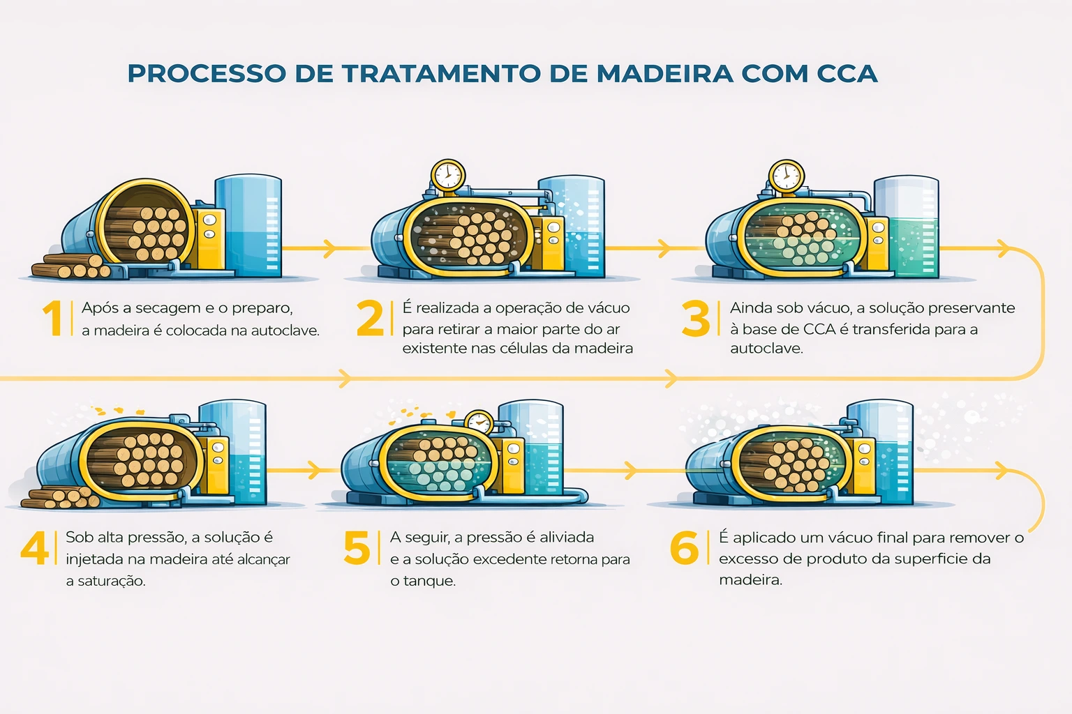 Imagem ilustrativa que mostra o passo a passo do processo de tratamento de madeiras para alta durabilidade