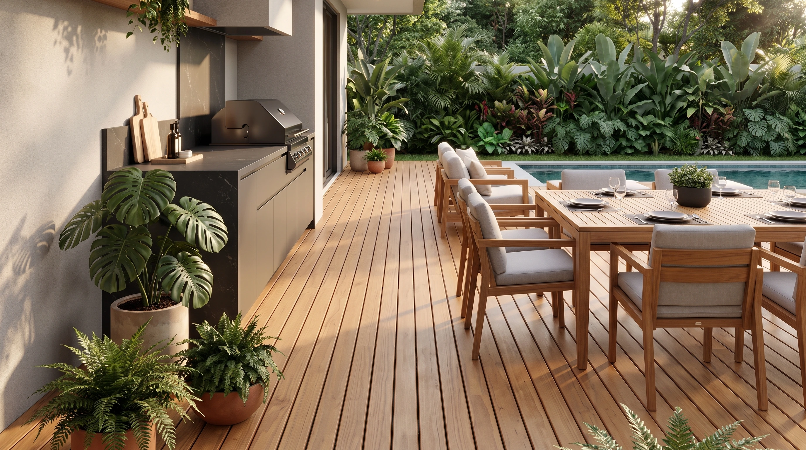 Deck de Piscina em Pinus Tratado com integração com área gourmet