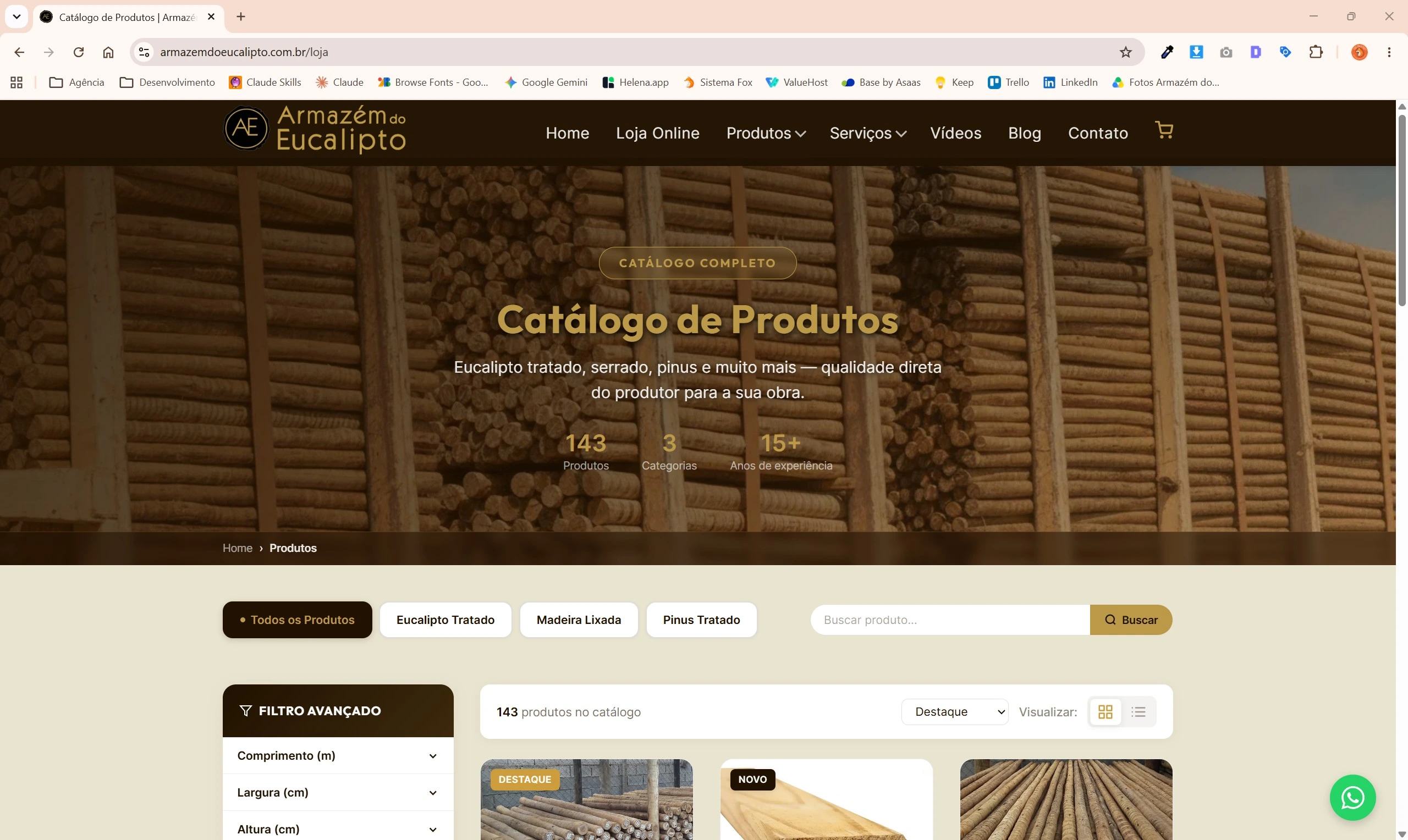 Interface da nova loja online e catálogo de produtos do Armazém do Eucalipto, destacando o menu de categorias por tags, barra de pesquisa e o painel lateral de filtro avançado.