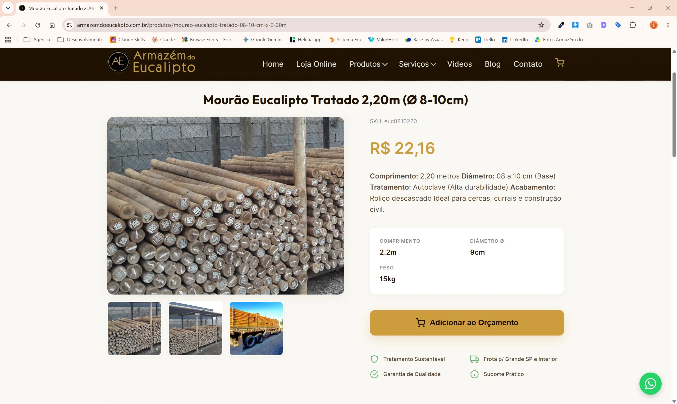 Página de produto do site Armazém do Eucalipto mostrando detalhes do Mourão Eucalipto Tratado 2,20m, com tabela de especificações técnicas, preço e botão Adicionar ao Orçamento.