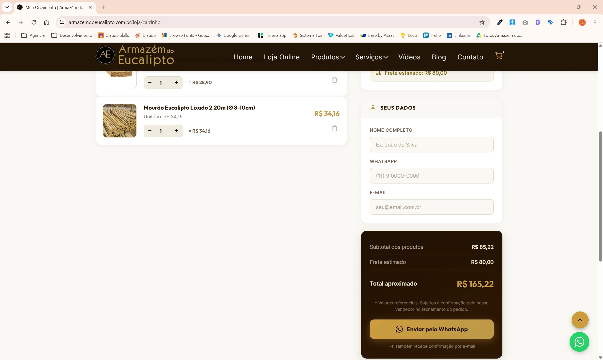 Página de finalização do carrinho na loja online Armazém do Eucalipto, exibindo o resumo do orçamento com produtos selecionados, formulário de dados e o botão destacado Enviar pelo WhatsApp.